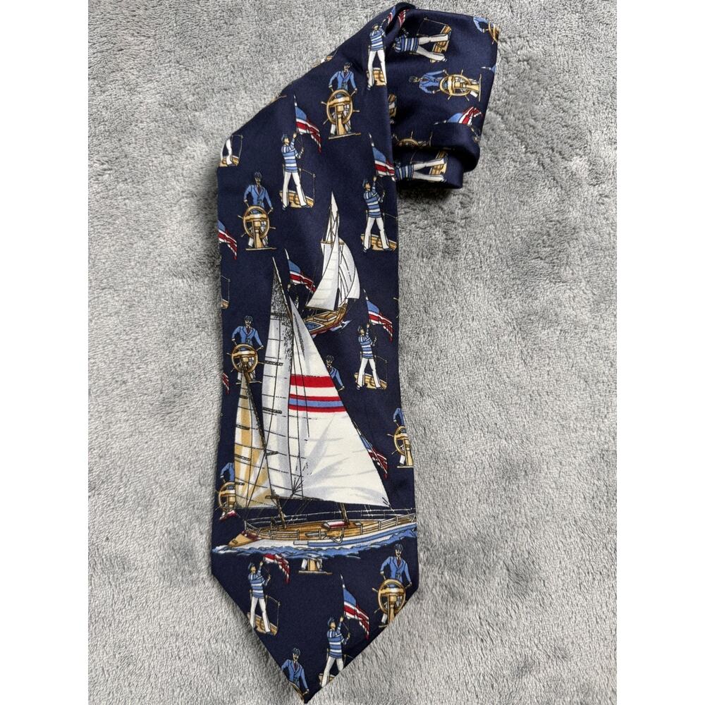 Alynn Neckwear Mens Navy Blue Nautical Sailboat Silk Tie Made in USA‎ Novelty
